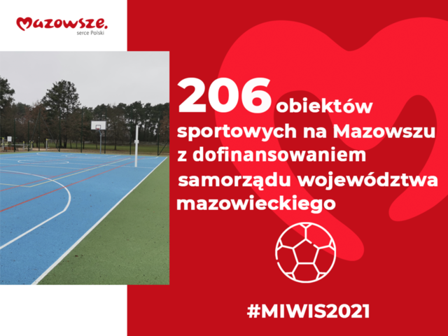 Infografika przedstawiająca boisko do koszykówki i napis: 206 obiektów sportowych na Mazowszu z dofinansowaniem Samorządu Województwa Mazowieckiego